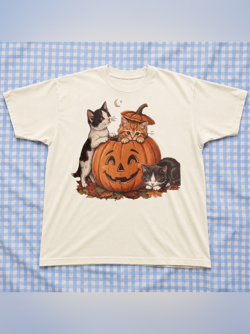 NEW Halloween Pumpkin Kittens Graphic Cat T-Shirt - Cream Vintage